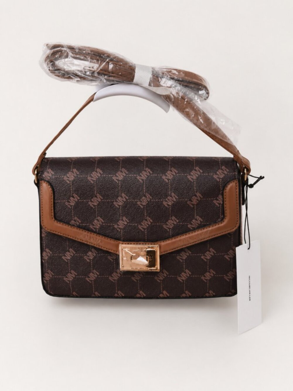 Nicole Miller Signature Logo Print Shoulder Crossbody Bag Brown Mix NWT